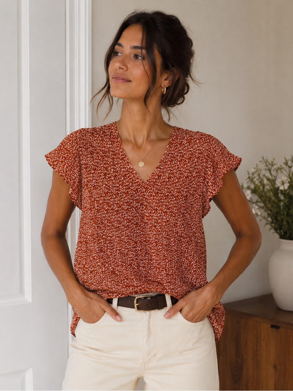 Adrianna Papell M Rust Floral Micro Pleated V Neck Flutter Sleeve Blouse Boho